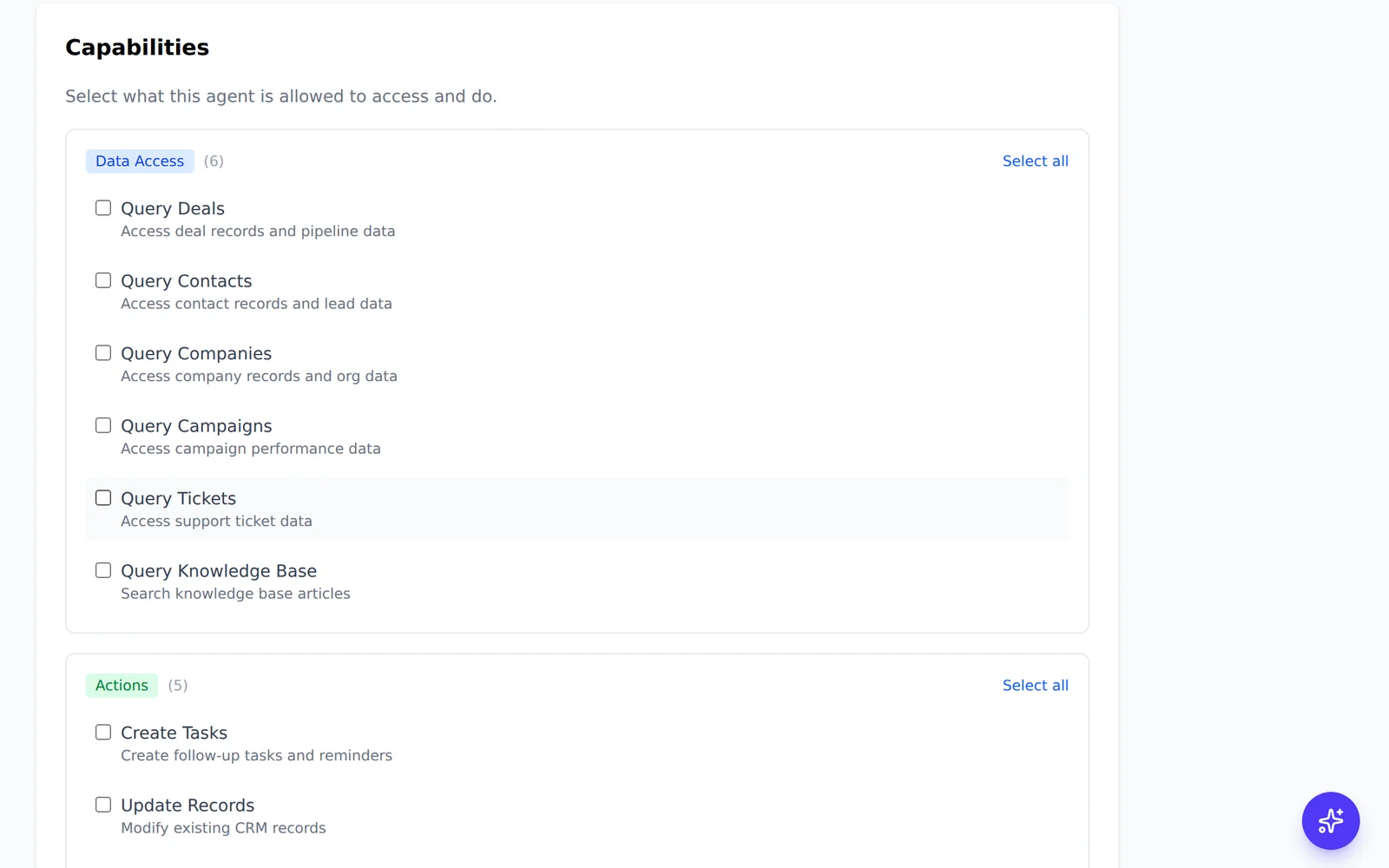 The capabilities catalogue in the MADDOX agent builder: select what an agent is allowed to access and do, with a Data Access group of six - query deals, contacts, companies, campaigns, tickets and the knowledge base - each named with what it reads, and further Actions and Analysis groups below.