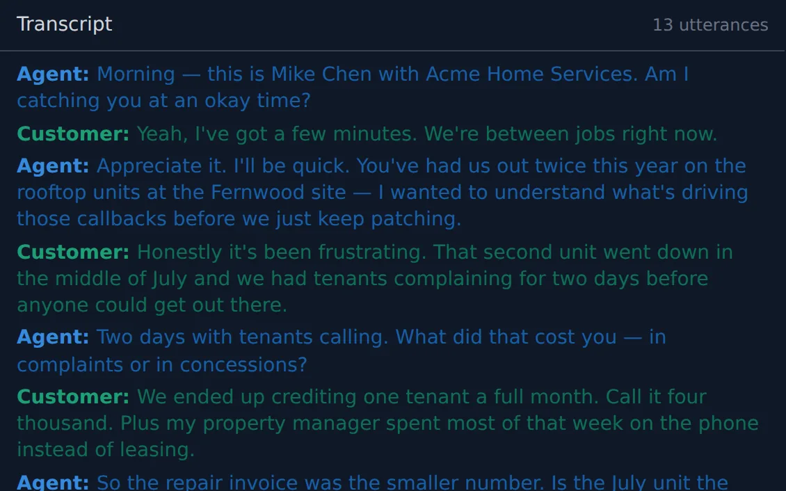 A speaker-attributed call transcript, agent lines in blue and customer lines in green, thirteen utterances long, with the most recent agent line highlighted and a talk-share bar beneath it reading agent 55 percent, customer 45 percent.