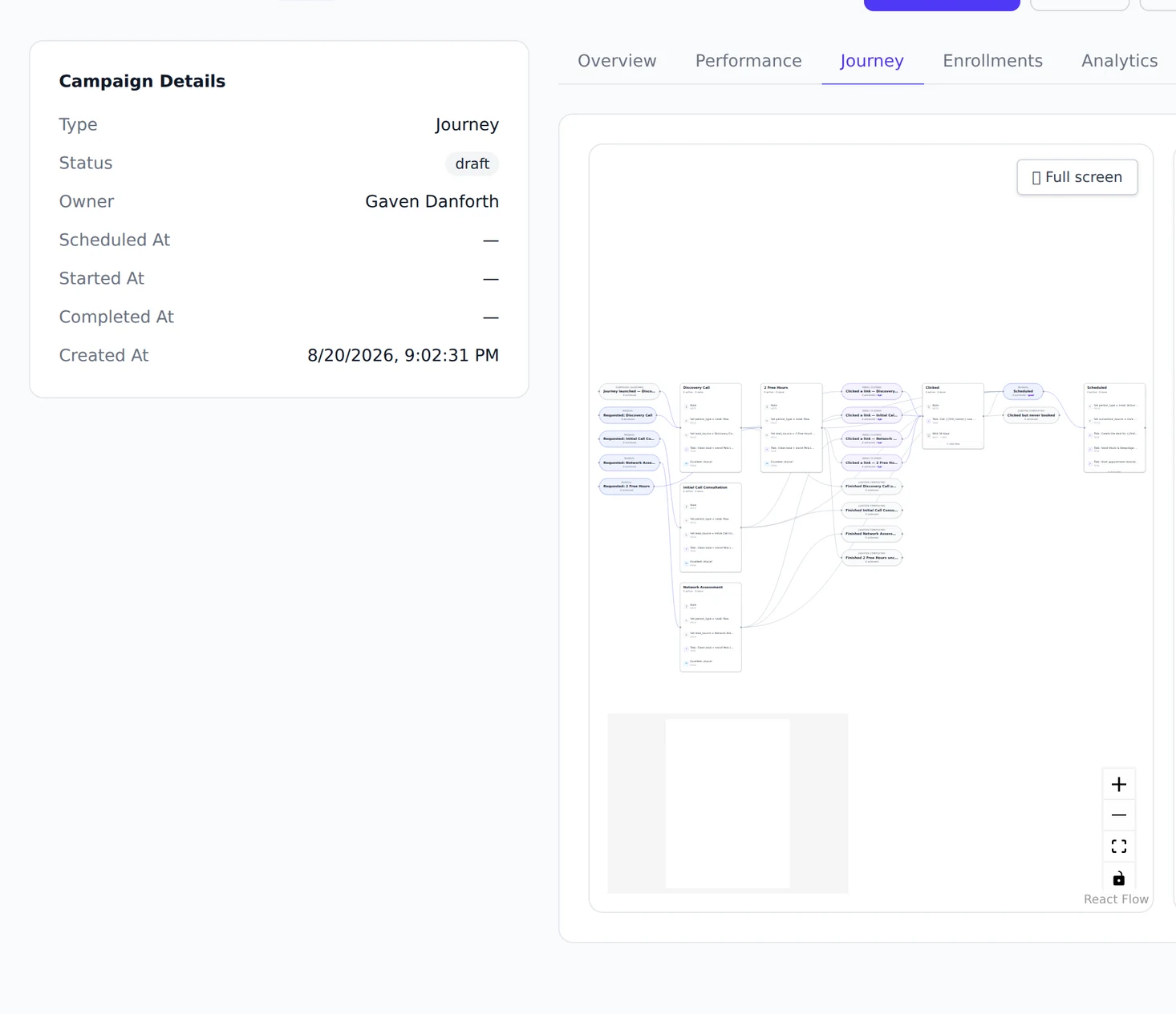The MADDOX journey builder, showing a draft campaign's lanes and goals wired together as a branching graph.