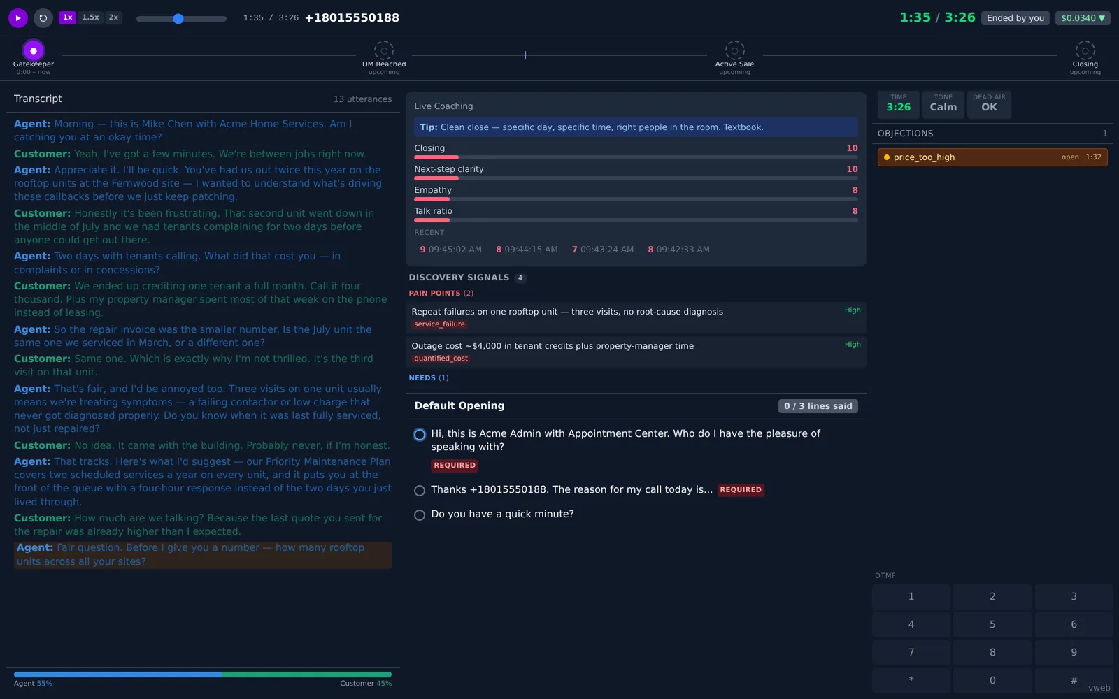 The AI Softphone live coaching workspace during a call: a phase timeline running from gatekeeper to closing, a speaker-attributed live transcript on the left, rubric scores for closing, next-step clarity, empathy and talk ratio in the centre, detected discovery signals grouped into pain points and needs, an open price objection in the right-hand panel, and tone and dead-air readouts above it.